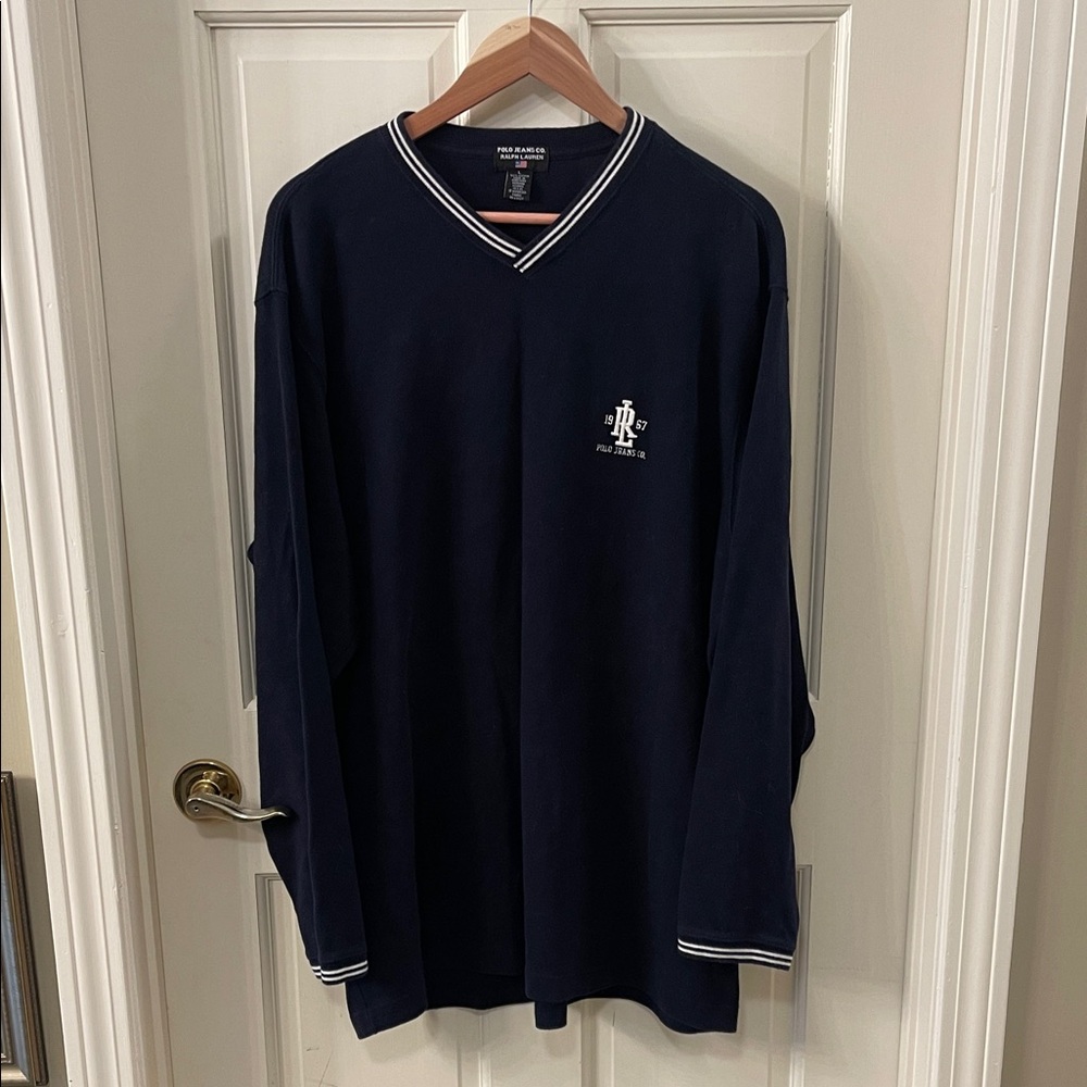 Polo by Ralph Lauren Navy V-Neck Sweater with White Trim